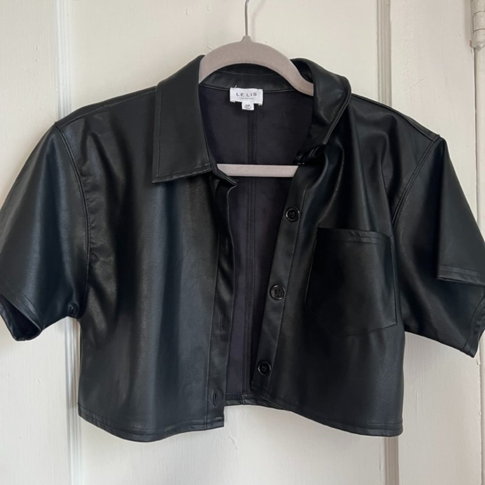NWOT Le Lis Black Faux Leather Cropped Button Up